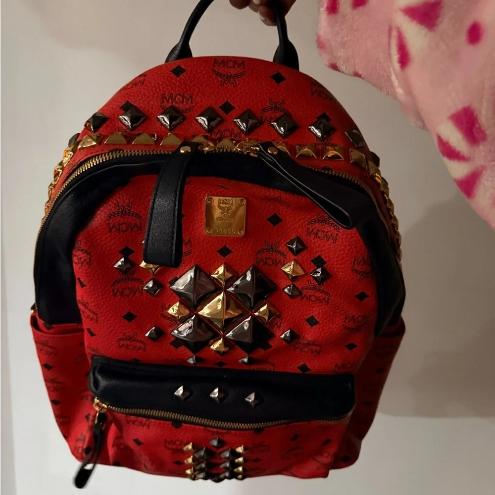 MCM Red and Black Studded Backpack - Picture 2 of 12